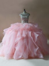 Popular Pink Ball Gowns Beading and Ruffles 15th Birthday Dress Lace Up Tulle Sleeveless