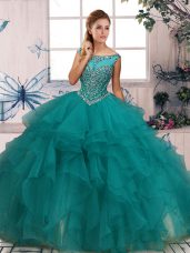 Customized Beading and Ruffles Quinceanera Dresses Turquoise Zipper Sleeveless Floor Length