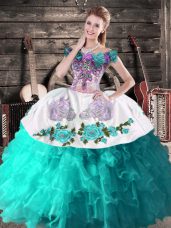Charming Ball Gowns 15th Birthday Dress Turquoise Off The Shoulder Organza Sleeveless Floor Length Lace Up