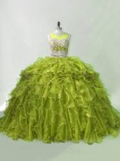 Flirting Olive Green Ball Gown Prom Dress Organza Brush Train Sleeveless Beading and Ruffles
