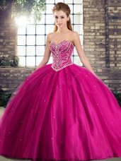 Fuchsia Tulle Lace Up Sweet 16 Dresses Sleeveless Brush Train Beading