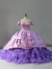 Romantic Lavender Ball Gowns Organza Off The Shoulder Sleeveless Embroidery and Ruffles Lace Up Quinceanera Dress Chapel Train