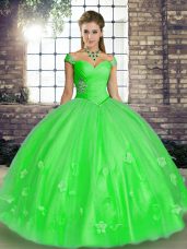 Dramatic Green Ball Gowns Off The Shoulder Sleeveless Tulle Floor Length Lace Up Beading and Appliques Quinceanera Gown