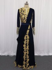 Admirable Column/Sheath Evening Dress Navy Blue Scoop Chiffon Long Sleeves Floor Length Zipper