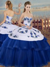Beauteous Royal Blue Sleeveless Floor Length Embroidery Lace Up Quince Ball Gowns