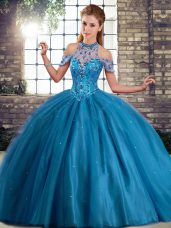 Delicate Blue Quince Ball Gowns Tulle Brush Train Sleeveless Beading