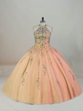Noble Appliques and Embroidery Vestidos de Quinceanera Peach Lace Up Sleeveless Brush Train