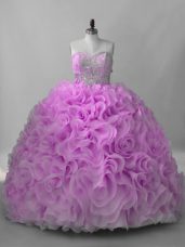 Lilac Sweetheart Lace Up Beading Quinceanera Gown Brush Train Sleeveless