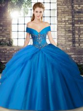 Nice Blue Off The Shoulder Neckline Beading and Pick Ups Ball Gown Prom Dress Sleeveless Lace Up