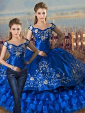 Royal Blue Lace Up Sweet 16 Quinceanera Dress Embroidery and Ruffled Layers Sleeveless Floor Length