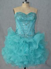 Luxury Aqua Blue Sleeveless Mini Length Beading and Ruffles Lace Up Dress for Prom