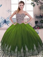 Adorable Floor Length Lace Up 15 Quinceanera Dress Olive Green for Military Ball and Sweet 16 and Quinceanera with Beading and Embroidery