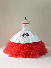 Popular White And Red Strapless Lace Up Embroidery and Ruffles Quince Ball Gowns Brush Train Sleeveless