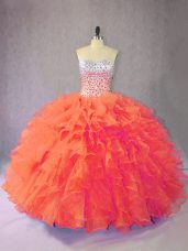 Traditional Orange Sleeveless Floor Length Beading and Ruffles Lace Up Quinceanera Gown