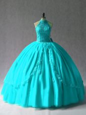 Free and Easy Aqua Blue Halter Top Lace Up Appliques Ball Gown Prom Dress Sleeveless
