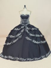 Black Ball Gowns Sweetheart Sleeveless Satin Floor Length Lace Up Embroidery Quinceanera Gowns