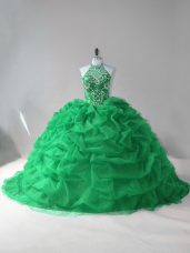 Beauteous Green Ball Gowns Halter Top Sleeveless Tulle Court Train Lace Up Beading and Pick Ups Quinceanera Gown