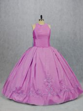 Fancy Lilac Ball Gowns Embroidery 15 Quinceanera Dress Lace Up Satin Sleeveless Floor Length
