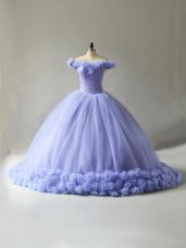 Lavender Ball Gowns Off The Shoulder Sleeveless Tulle Court Train Lace Up Hand Made Flower Quinceanera Gown