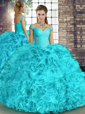 Aqua Blue Off The Shoulder Neckline Beading and Ruffles Quinceanera Dress Sleeveless Lace Up