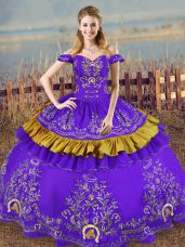 Purple Ball Gowns Embroidery Sweet 16 Quinceanera Dress Lace Up Satin and Organza Sleeveless Floor Length