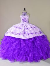 Purple Ball Gowns Halter Top Sleeveless Organza Court Train Lace Up Embroidery and Ruffles Vestidos de Quinceanera