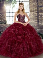 Sweetheart Sleeveless Lace Up Vestidos de Quinceanera Burgundy Organza