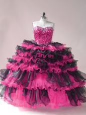 Modern Organza Sweetheart Sleeveless Lace Up Beading and Ruffled Layers Ball Gown Prom Dress in Pink And Black