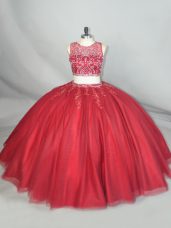 Wonderful Red Zipper Scoop Beading and Appliques Sweet 16 Dresses Tulle Sleeveless