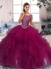 Fuchsia Ball Gowns Organza Scoop Sleeveless Beading and Ruffles Floor Length Zipper Ball Gown Prom Dress