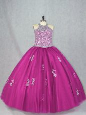 Pretty Fuchsia Lace Up Halter Top Beading and Appliques Quince Ball Gowns Tulle Sleeveless
