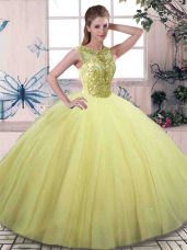 Sleeveless Floor Length Beading Lace Up Quinceanera Dresses with Yellow Green