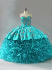 Aqua Blue Fabric With Rolling Flowers Lace Up Sweetheart Sleeveless Sweet 16 Quinceanera Dress Brush Train Embroidery and Ruffles