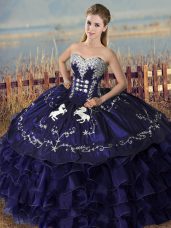 Purple Ball Gowns Organza Sweetheart Sleeveless Embroidery and Ruffles Floor Length Lace Up Vestidos de Quinceanera