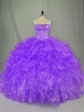 Custom Designed Ball Gowns Quince Ball Gowns Purple Strapless Organza Sleeveless Floor Length Lace Up
