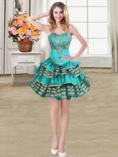 Cute Teal Sweetheart Lace Up Embroidery and Ruffled Layers Homecoming Dress Sleeveless