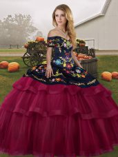 Fuchsia Quinceanera Dress Tulle Brush Train Sleeveless Embroidery and Ruffled Layers