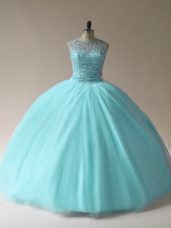 Noble Beading Ball Gown Prom Dress Aqua Blue Lace Up Sleeveless Floor Length