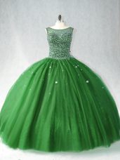 Discount Dark Green Tulle Zipper Scoop Sleeveless Quinceanera Gown Brush Train Beading