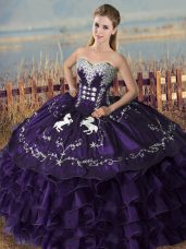 Modern Purple Sweetheart Lace Up Embroidery and Ruffles Quince Ball Gowns Sleeveless