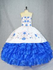 Classical Blue And White Organza Lace Up Sweet 16 Quinceanera Dress Sleeveless Asymmetrical Embroidery and Ruffled Layers