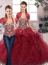 Adorable Burgundy Sleeveless Floor Length Beading and Ruffles Lace Up Sweet 16 Dresses