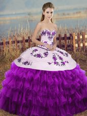 Customized Organza Sweetheart Sleeveless Lace Up Embroidery and Ruffled Layers and Bowknot 15 Quinceanera Dress in White And Purple