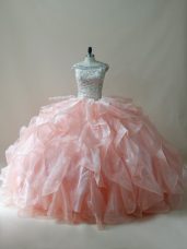 Hot Sale Beading and Ruffles Vestidos de Quinceanera Peach Zipper Sleeveless Floor Length