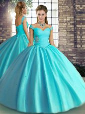 Ideal Floor Length Aqua Blue Quinceanera Gown Off The Shoulder Sleeveless Lace Up