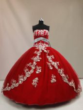 Best Strapless Sleeveless Lace Up Sweet 16 Dress Red Tulle