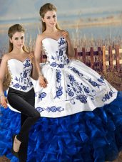 Floor Length Lace Up Sweet 16 Dresses Blue And White for Sweet 16 and Quinceanera with Embroidery and Ruffles