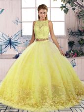 Sleeveless Lace Backless Quinceanera Gown with Yellow Sweep Train