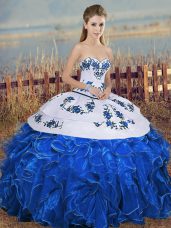 Floor Length Ball Gowns Sleeveless Blue And White Quinceanera Gowns Lace Up