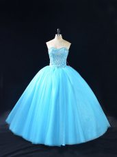 Deluxe Tulle Sweetheart Sleeveless Lace Up Beading Vestidos de Quinceanera in Baby Blue